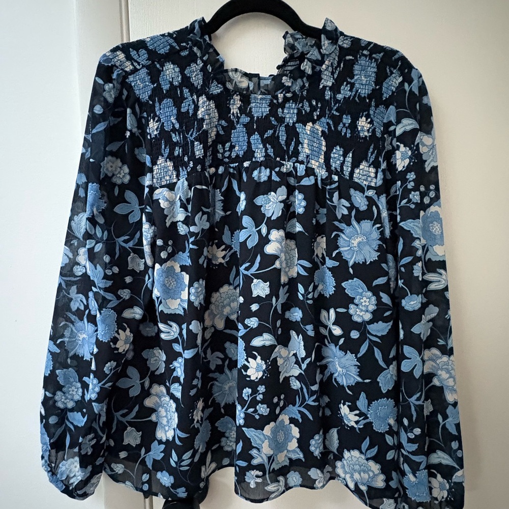 J. Crew Blue and Black Smocked Long Sleeve Blouse